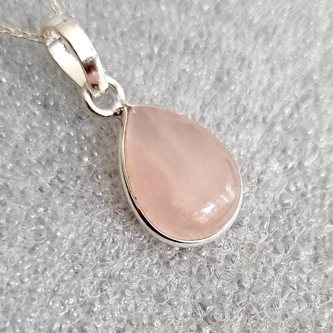 Delicate Teardrop Rose Quartz 925 Sterling Silver Pendant, P9SRQ