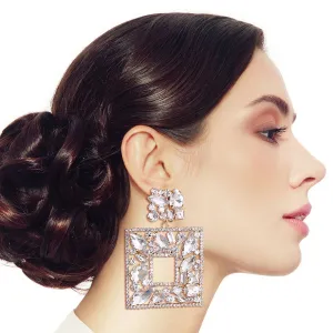 Elegant Crystal Square Earrings: Color / 3 inches Silver