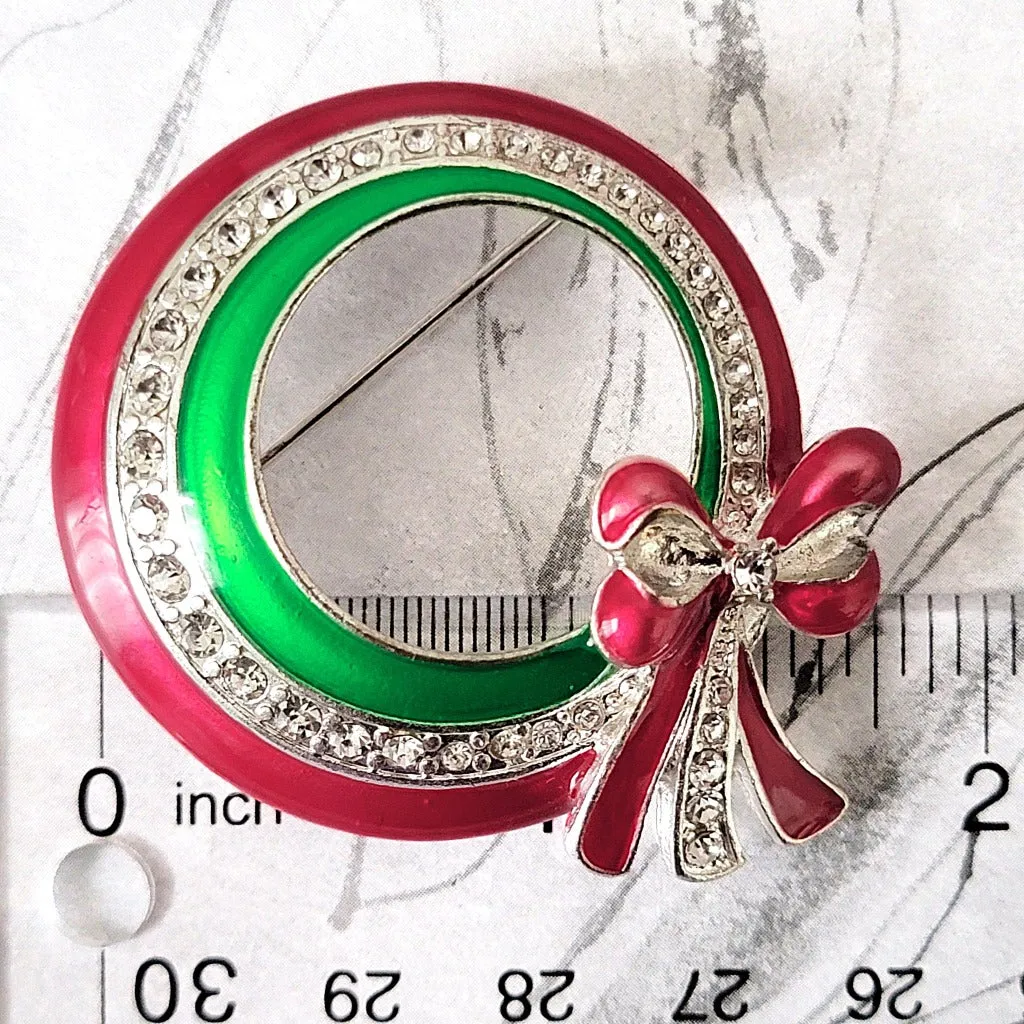 Enamel and Rhinestone Christmas Wreath Pin