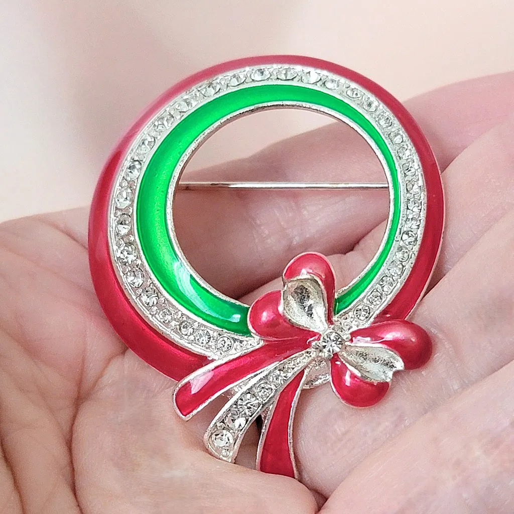 Enamel and Rhinestone Christmas Wreath Pin