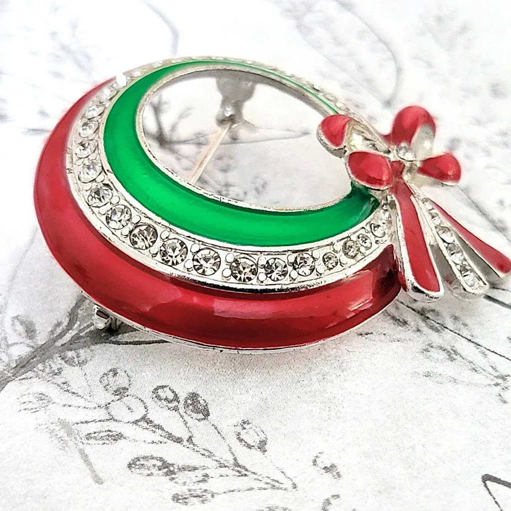 Enamel and Rhinestone Christmas Wreath Pin