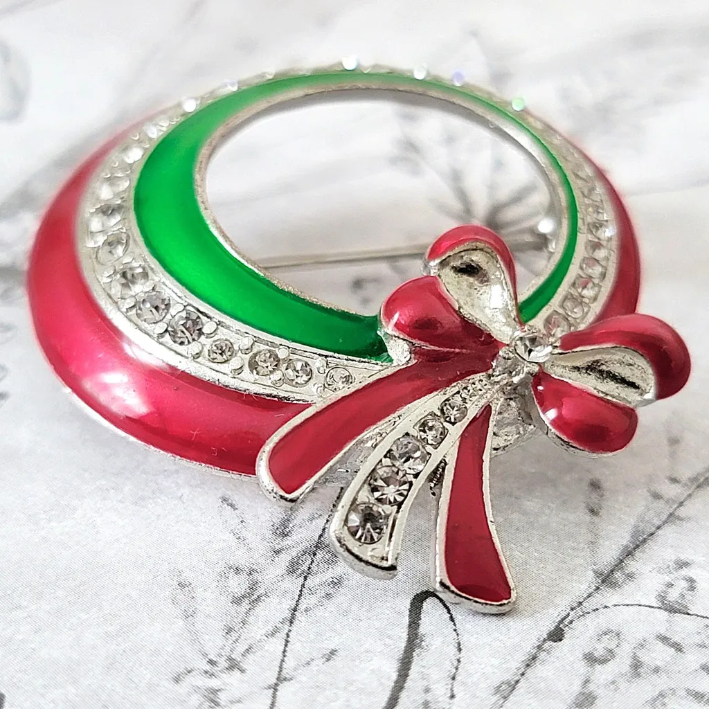 Enamel and Rhinestone Christmas Wreath Pin