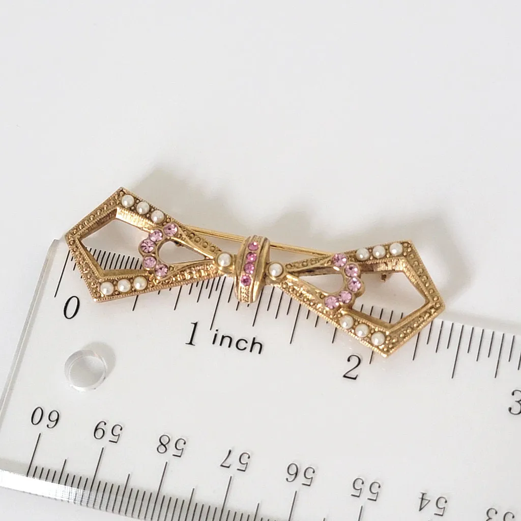 Faux Pearl and Pink Rhinestone Bow Pin