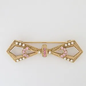 Faux Pearl and Pink Rhinestone Bow Pin