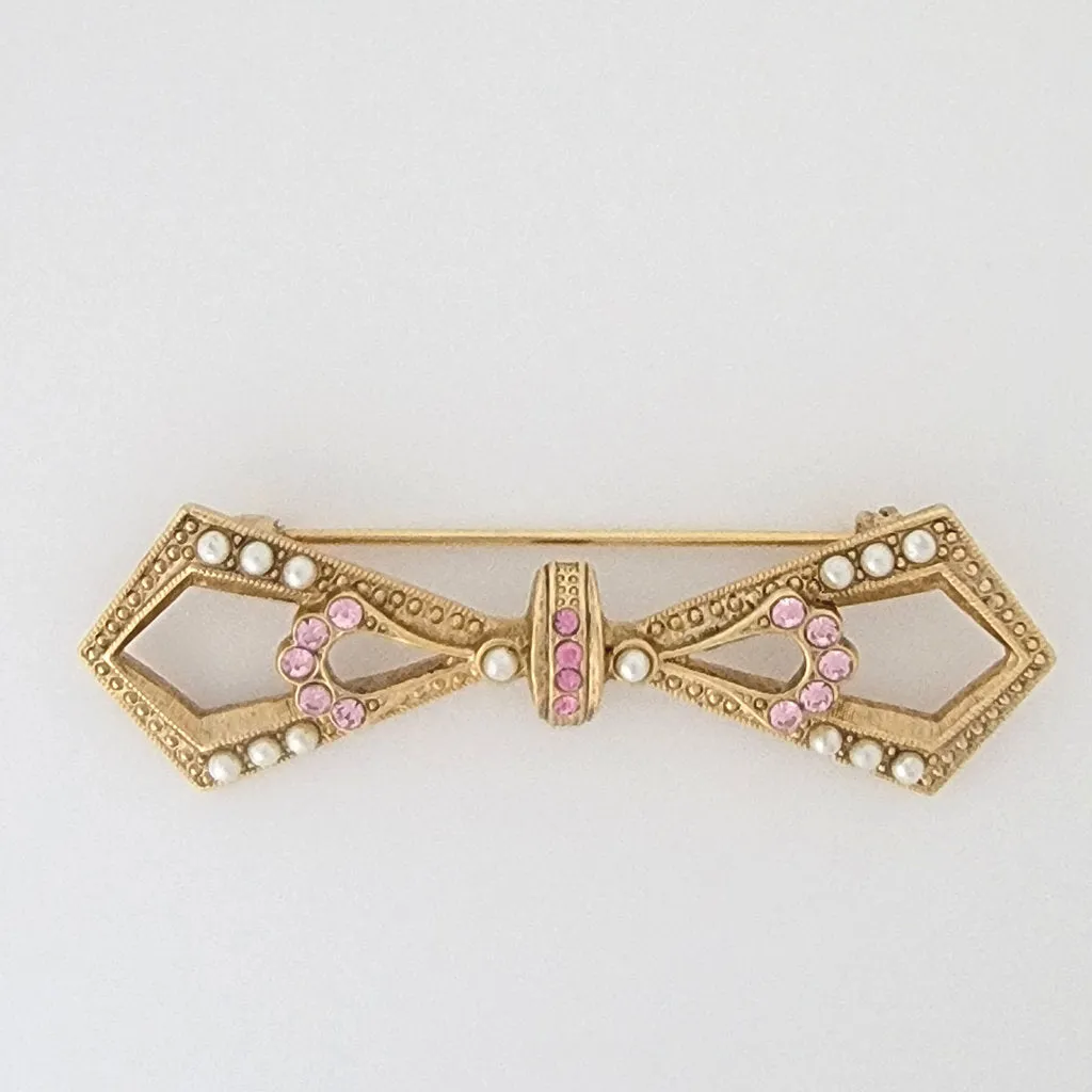 Faux Pearl and Pink Rhinestone Bow Pin