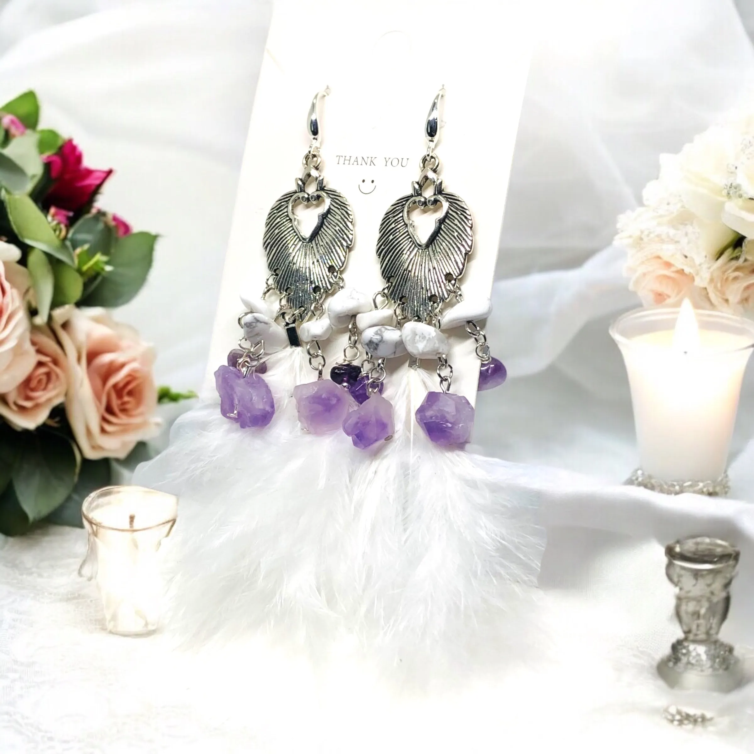 Feather Bohemian Antique Silver Chandelier Earrings