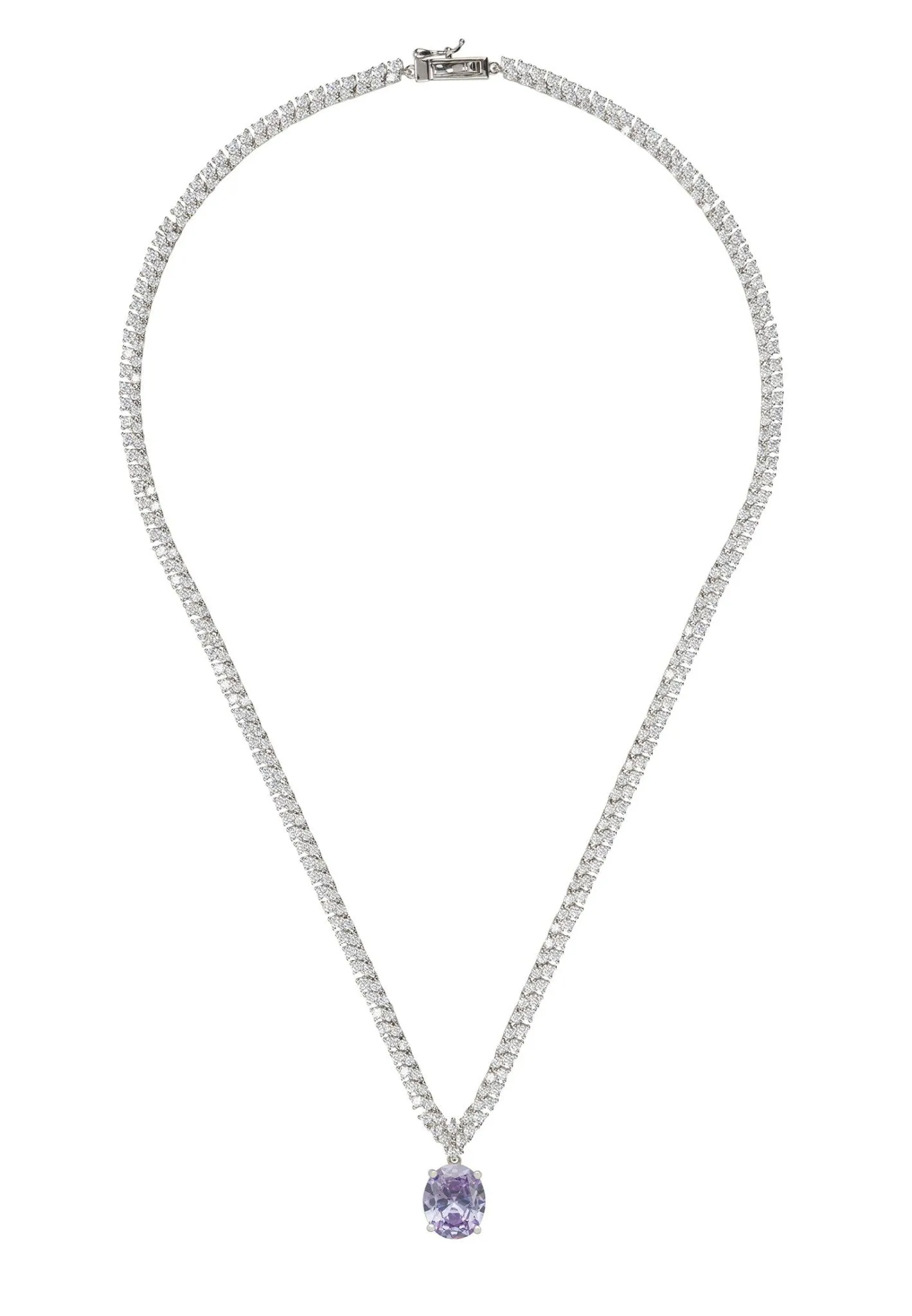 Garbo Oval Gemstone Tennis Necklace in Lilac Amethyst Silver