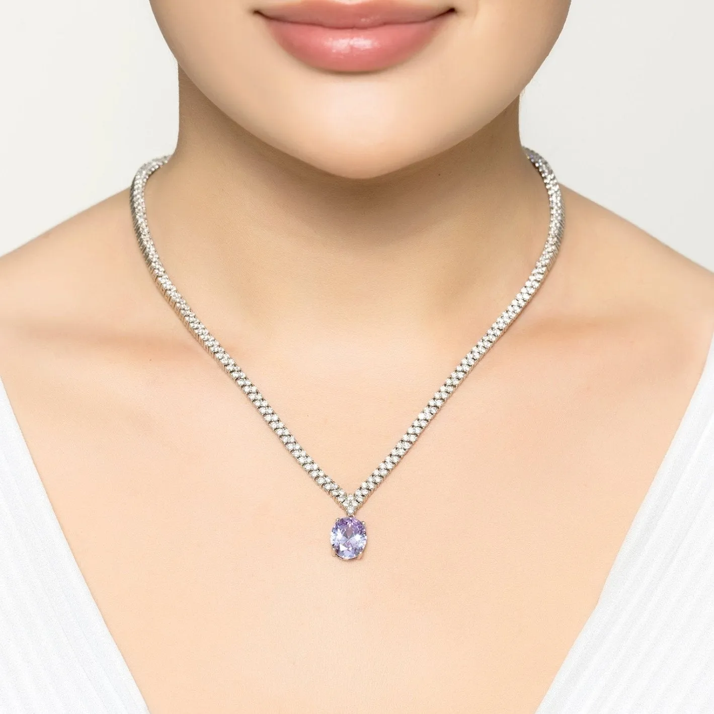 Garbo Oval Gemstone Tennis Necklace in Lilac Amethyst Silver