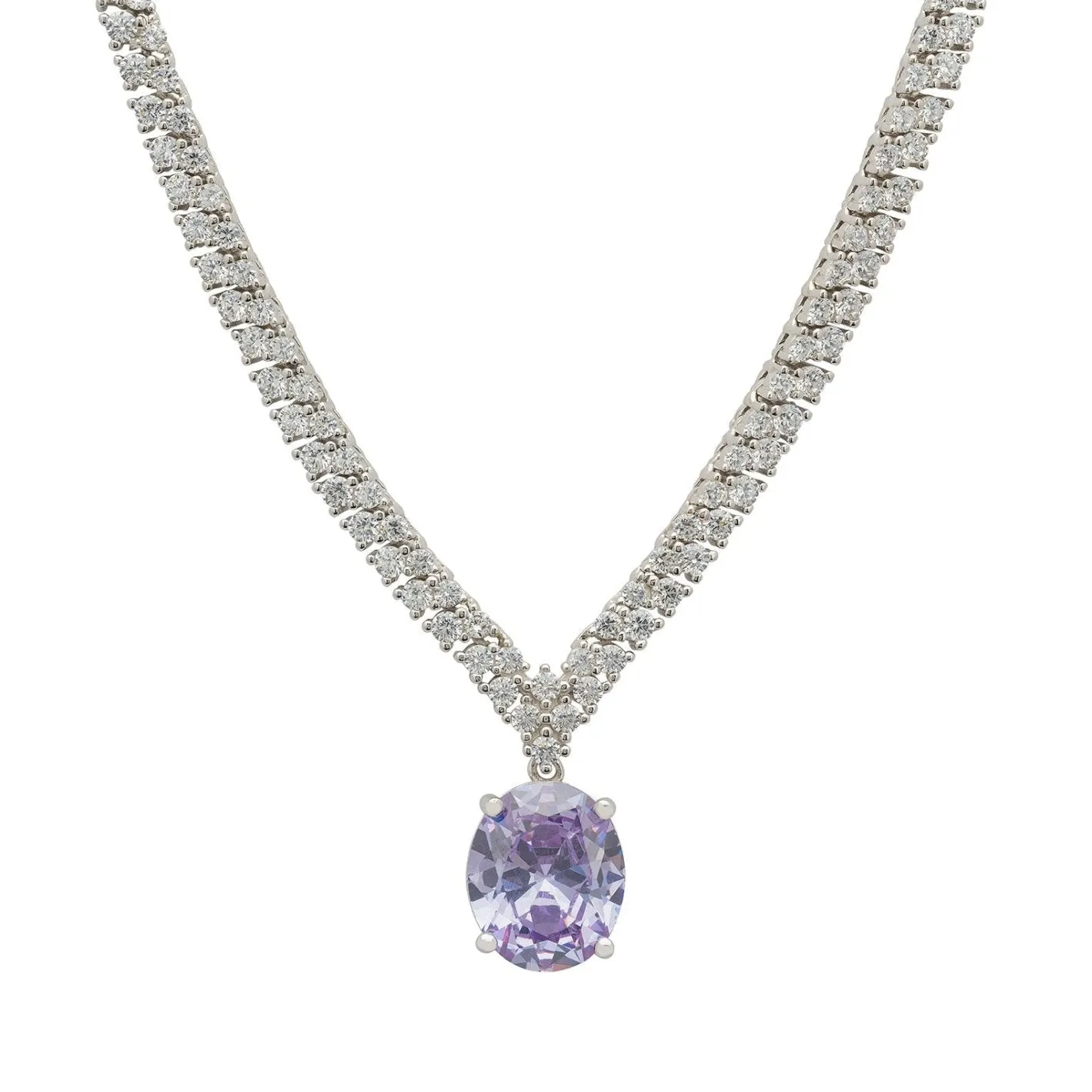 Garbo Oval Gemstone Tennis Necklace in Lilac Amethyst Silver