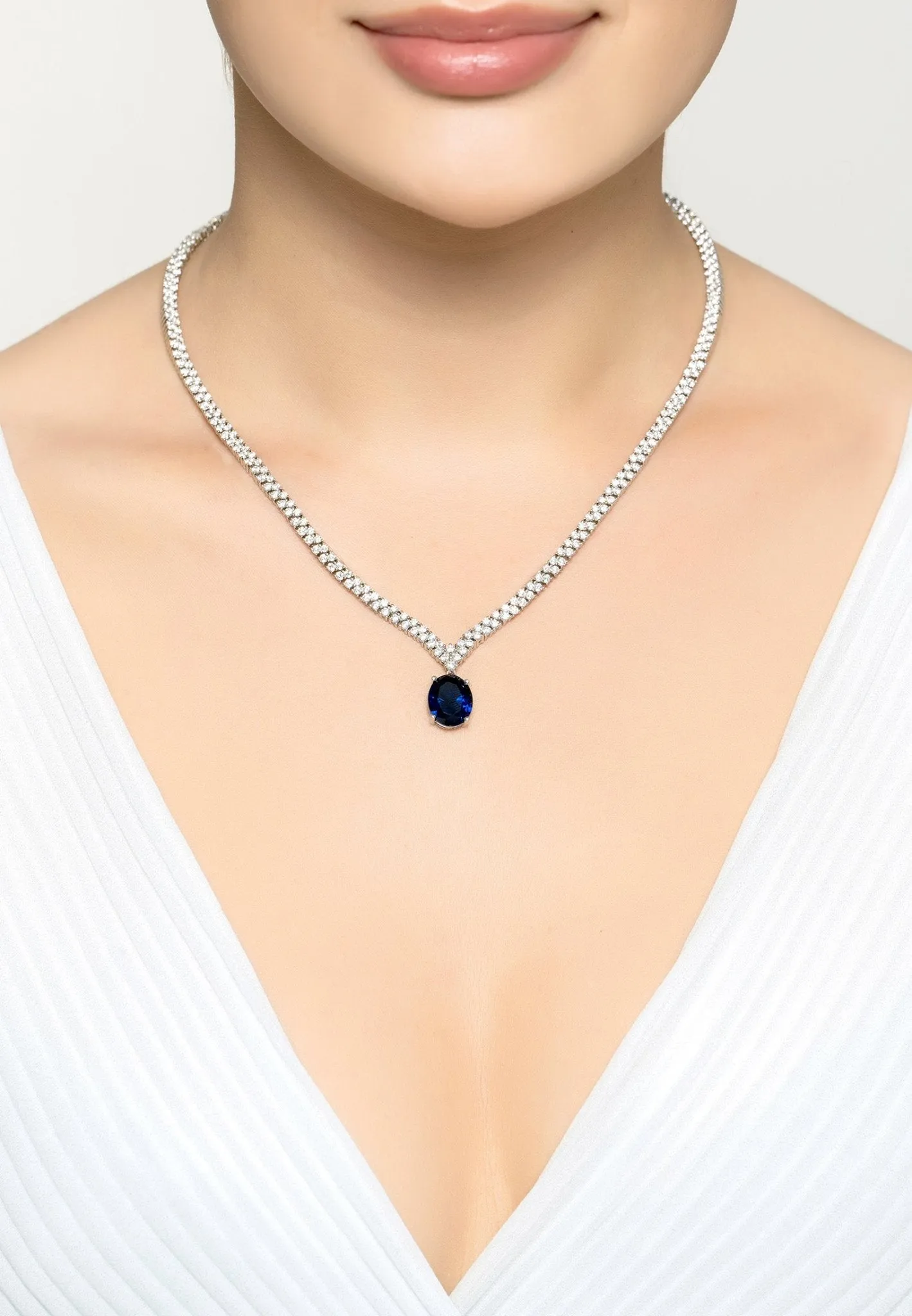 Garbo Oval Gemstone Tennis Necklace in Sapphire Silver