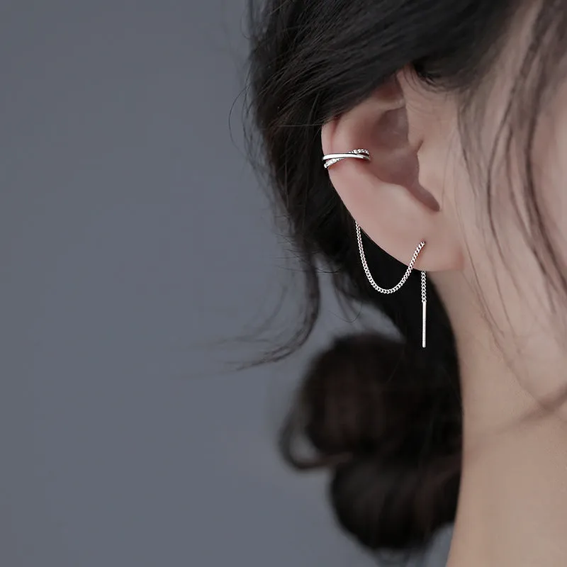 Geometric Long Silver Earring Piercing