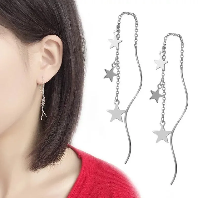 Geometric Long Silver Earring Piercing