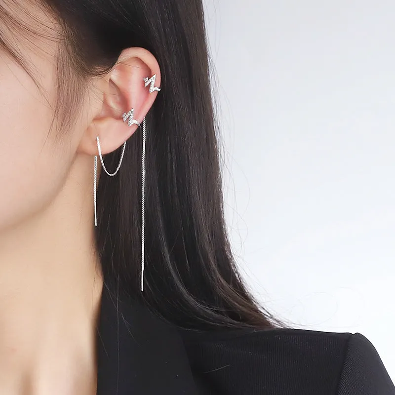 Geometric Long Silver Earring Piercing
