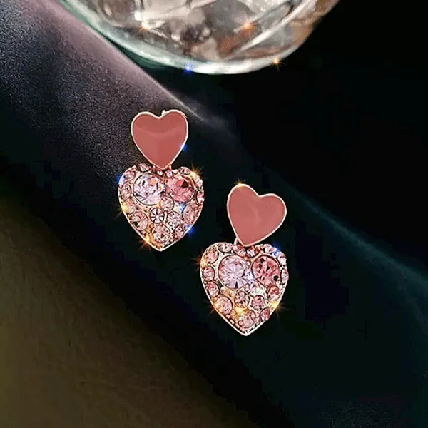 Glamorous Petite CZ & Enamel Double Heart Gold Earrings