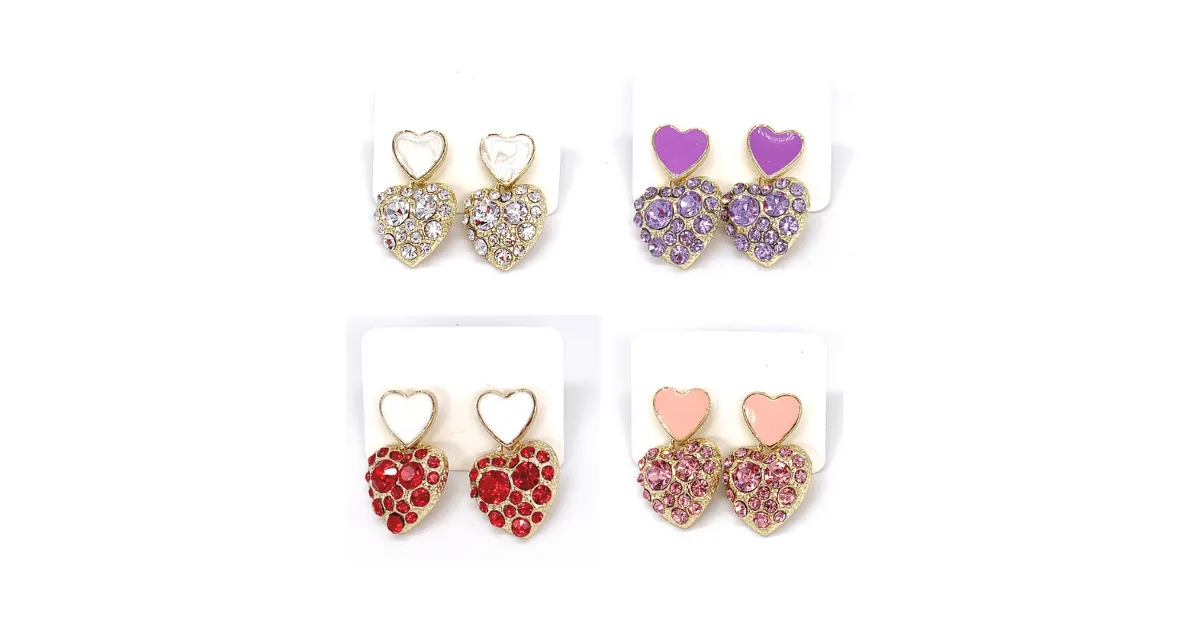 Glamorous Petite CZ & Enamel Double Heart Gold Earrings