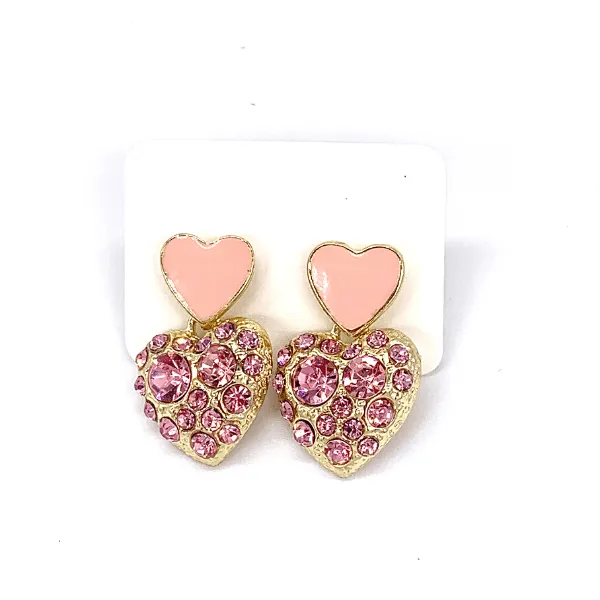 Glamorous Petite CZ & Enamel Double Heart Gold Earrings