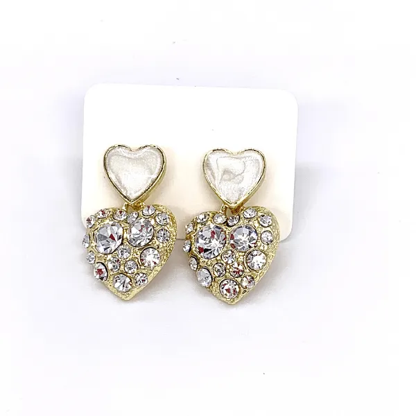 Glamorous Petite CZ & Enamel Double Heart Gold Earrings