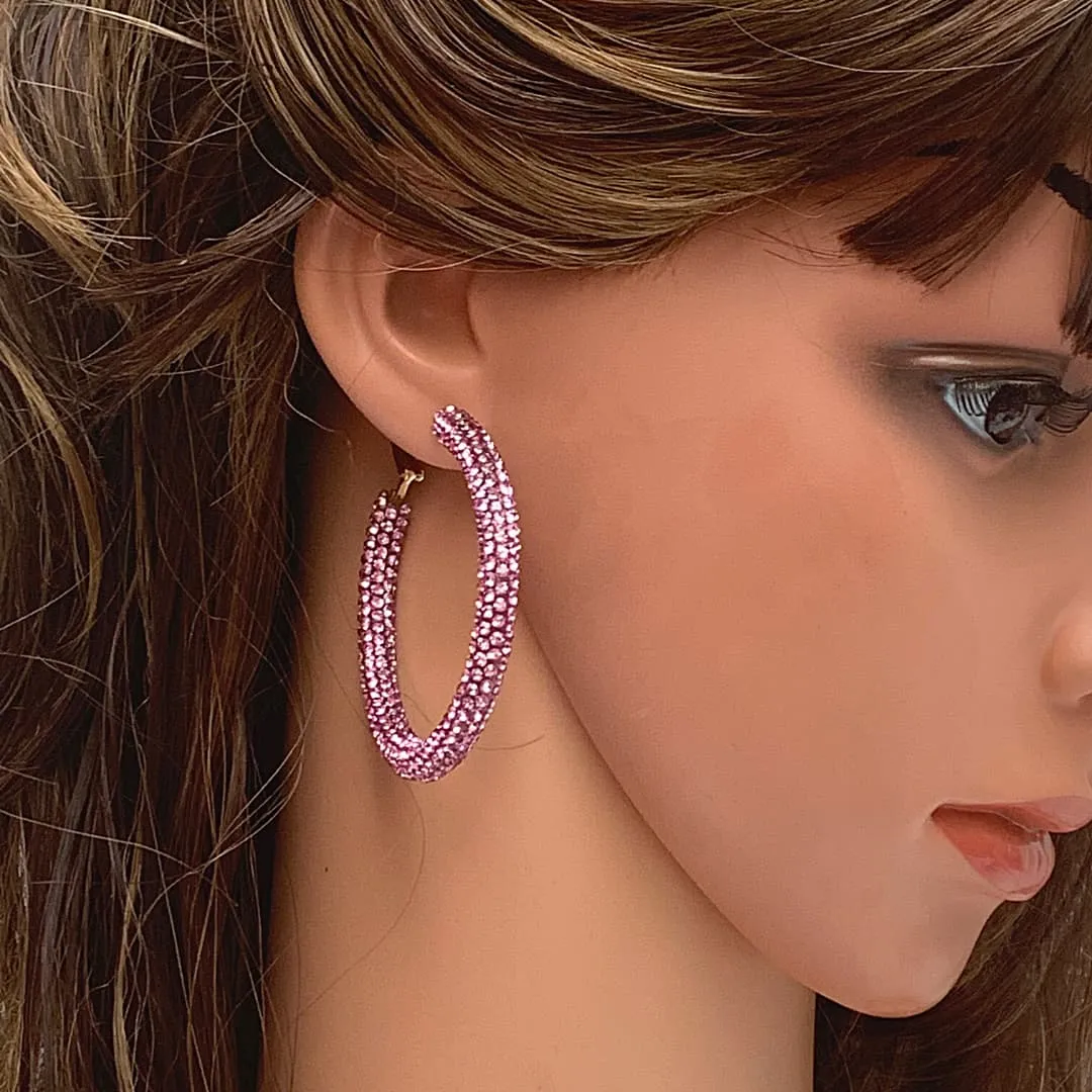 Glittering Large Rose-Pink Rhinestone Hoop Earrings