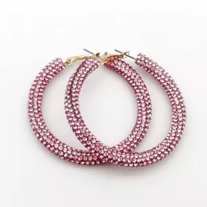 Glittering Large Rose-Pink Rhinestone Hoop Earrings
