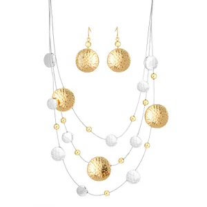 Gold and Silver Tone 3 row wire with round disc necklace and earring set#HNN E87862TW (TD13)