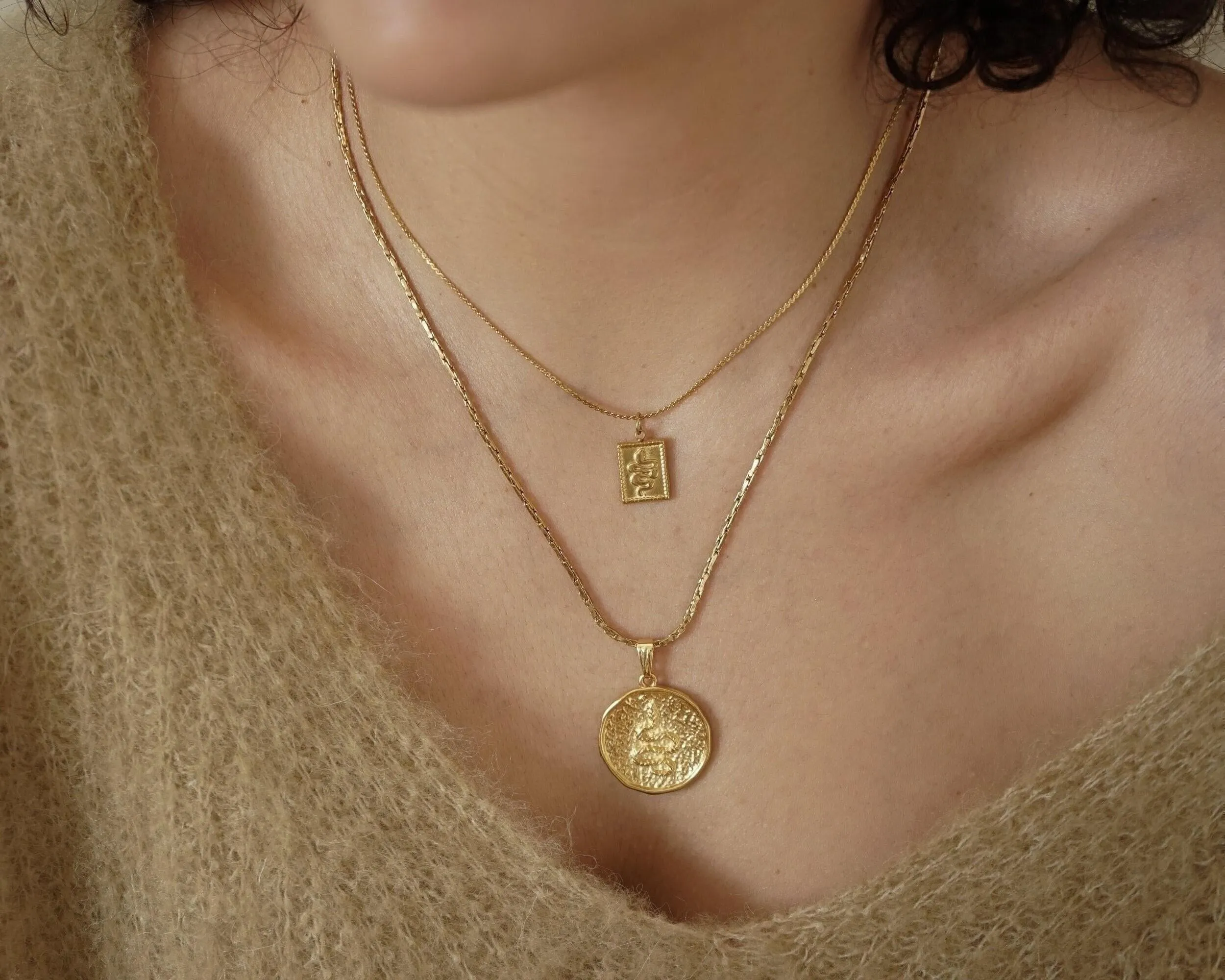 Gold Rectangle Snake Stamp Necklace