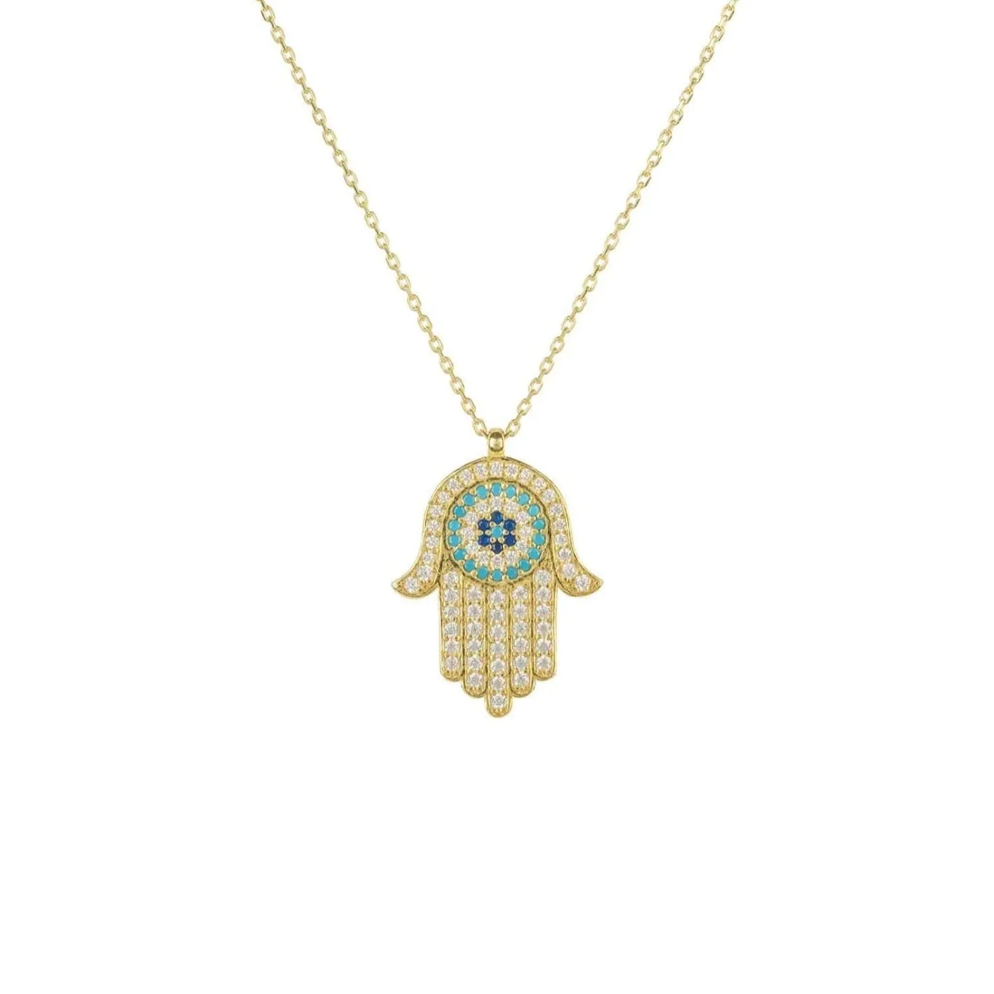 Hamsa Hand Evil Eye Pendant Necklace Dipped in Gold