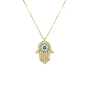 Hamsa Hand Evil Eye Pendant Necklace Dipped in Gold