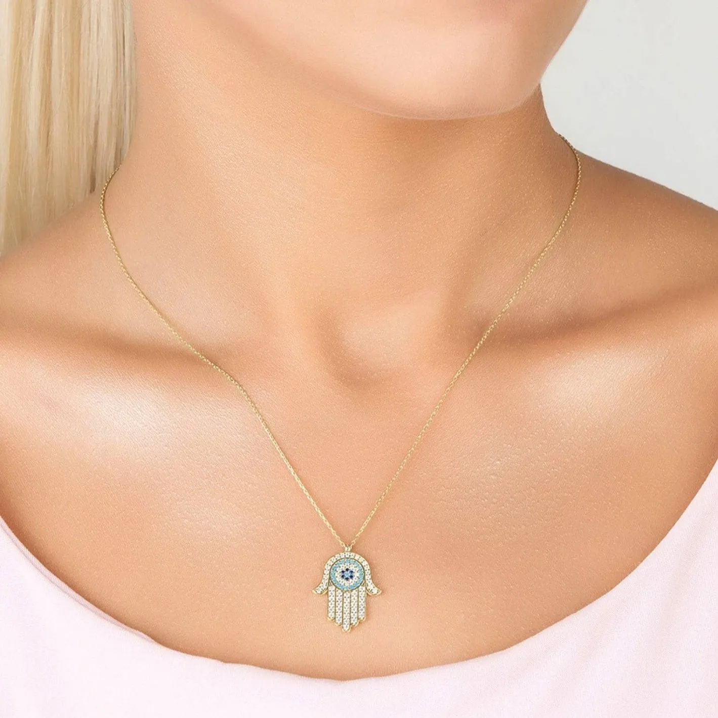 Hamsa Hand Evil Eye Pendant Necklace Dipped in Gold