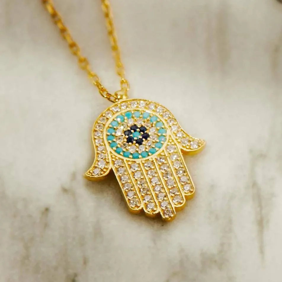 Hamsa Hand Evil Eye Pendant Necklace Dipped in Gold