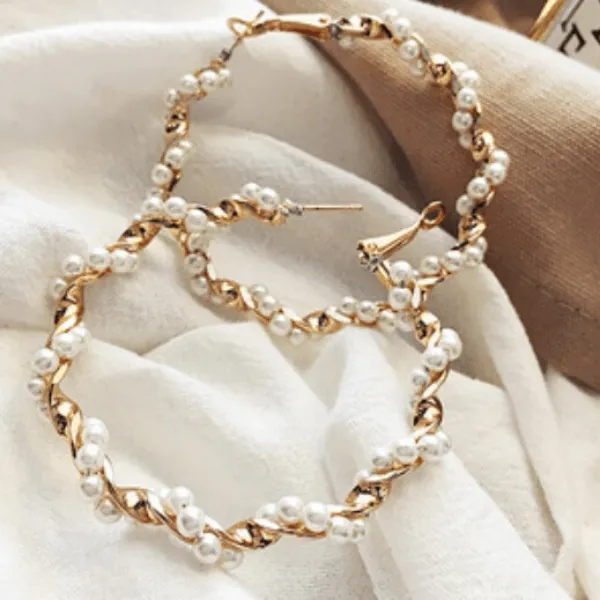 Large Pearl & Gold Twist Hoop Earrings