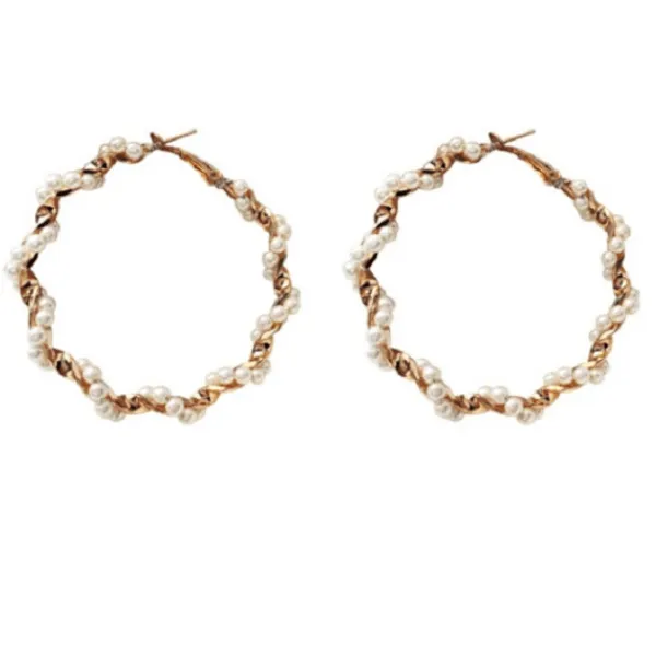 Large Pearl & Gold Twist Hoop Earrings