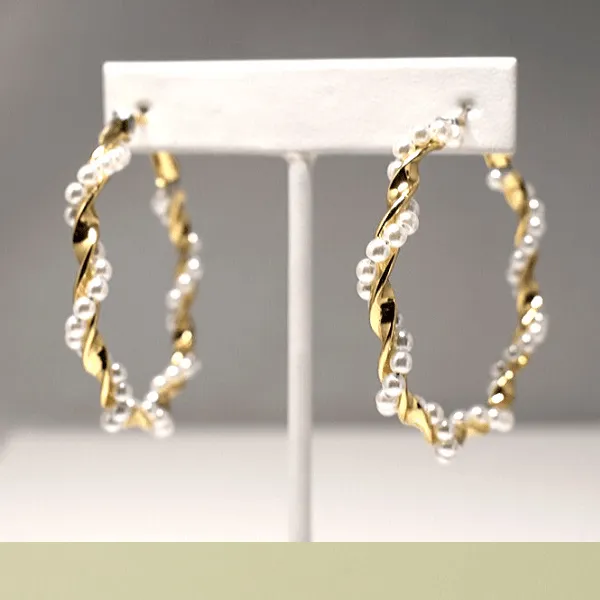 Large Pearl & Gold Twist Hoop Earrings