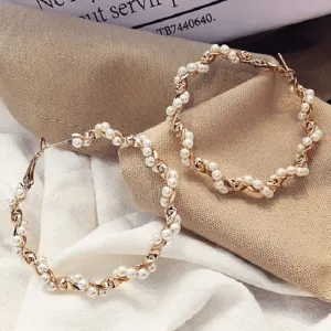 Large Pearl & Gold Twist Hoop Earrings