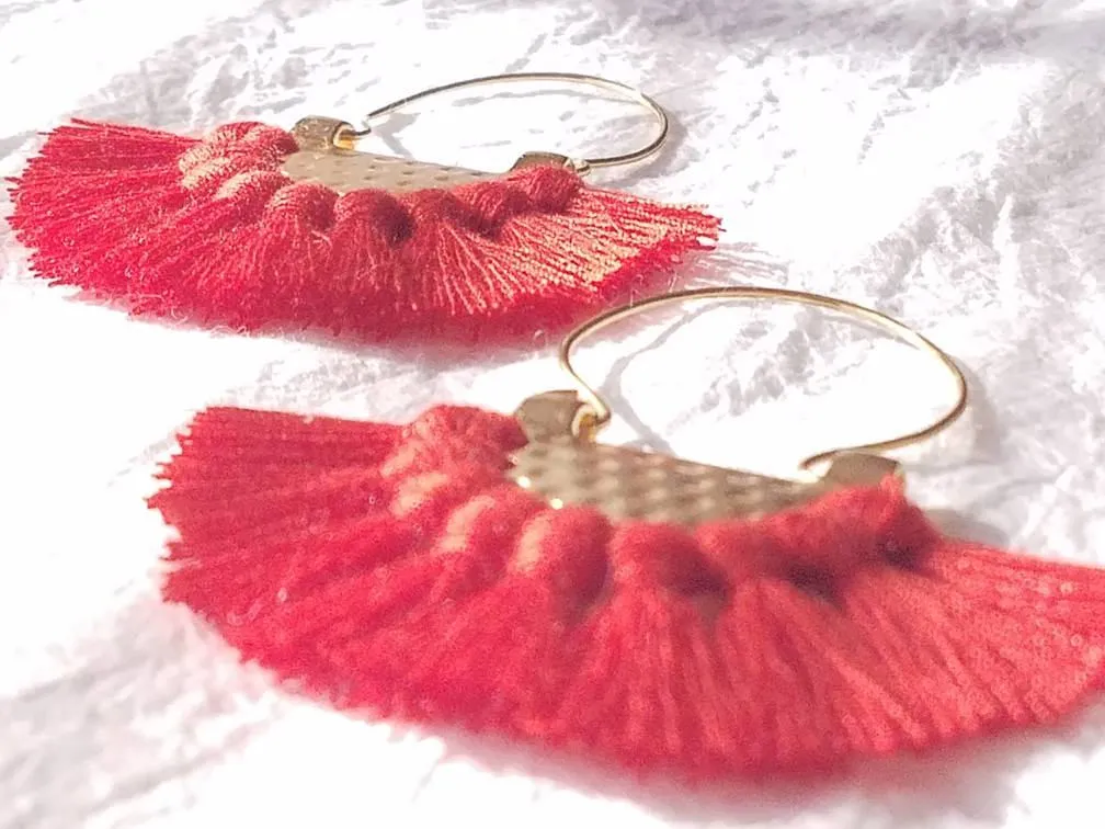 Large Red Fringe Crescent Fan Shape Hoop Statement Trendy Earings, Southern Holiday Earrings