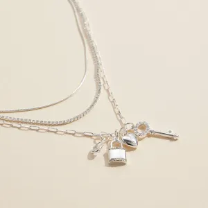 Layered Necklace with Lock, Key & Heart Charms: Silver / One / 4SN11049