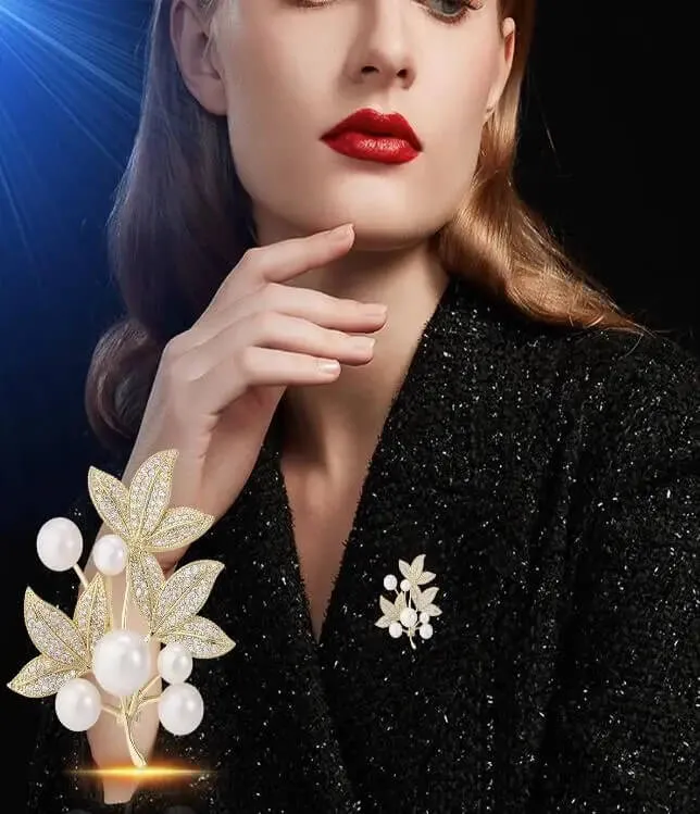 Leaf Rhinestone Gold-Toned Brooch With Synthetic Pearls