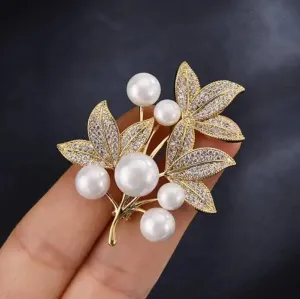 Leaf Rhinestone Gold-Toned Brooch With Synthetic Pearls