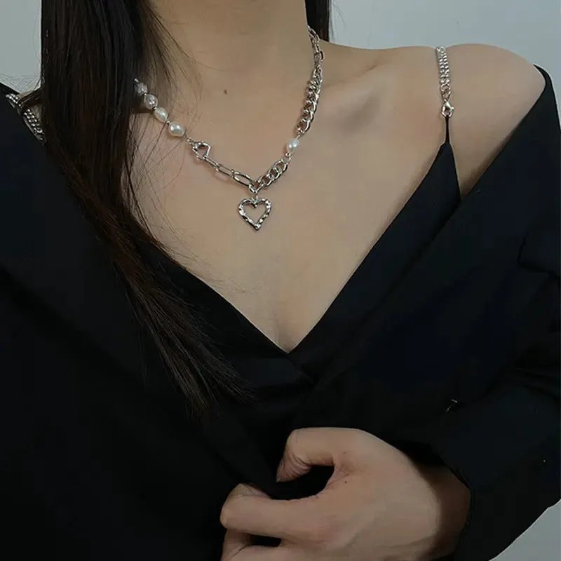 LOVCIA Asymmetric Titanium Steel Heart Pendant Necklace for Women - Gold Plated Chain Necklace with Pearl Beads