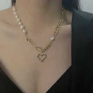 LOVCIA Asymmetric Titanium Steel Heart Pendant Necklace for Women - Gold Plated Chain Necklace with Pearl Beads
