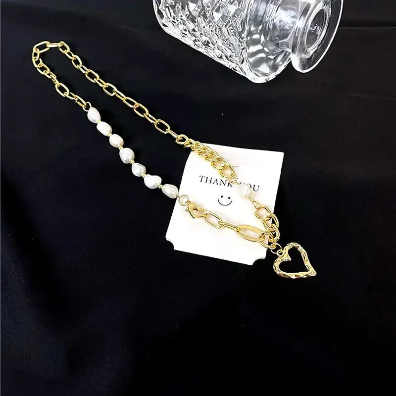 LOVCIA Asymmetric Titanium Steel Heart Pendant Necklace for Women - Gold Plated Chain Necklace with Pearl Beads