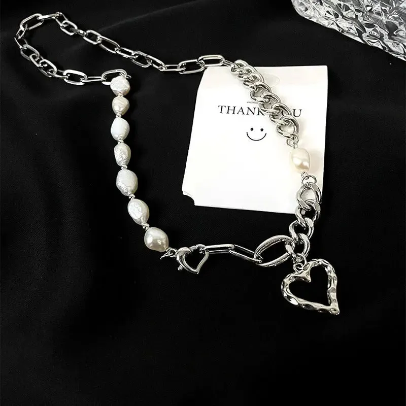 LOVCIA Asymmetric Titanium Steel Heart Pendant Necklace for Women - Gold Plated Chain Necklace with Pearl Beads