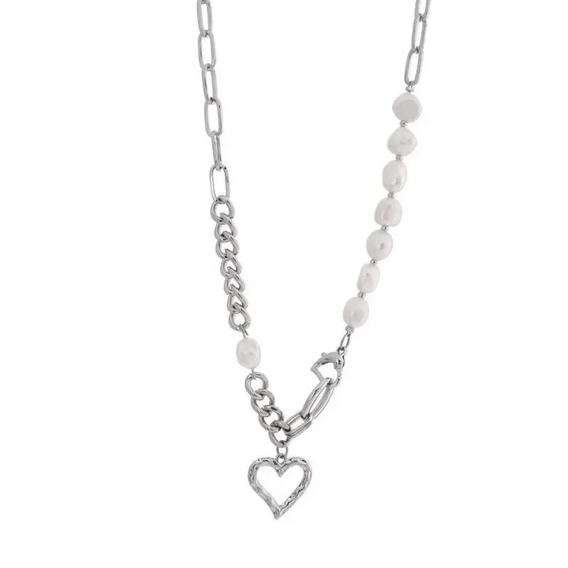 LOVCIA Asymmetric Titanium Steel Heart Pendant Necklace for Women - Gold Plated Chain Necklace with Pearl Beads
