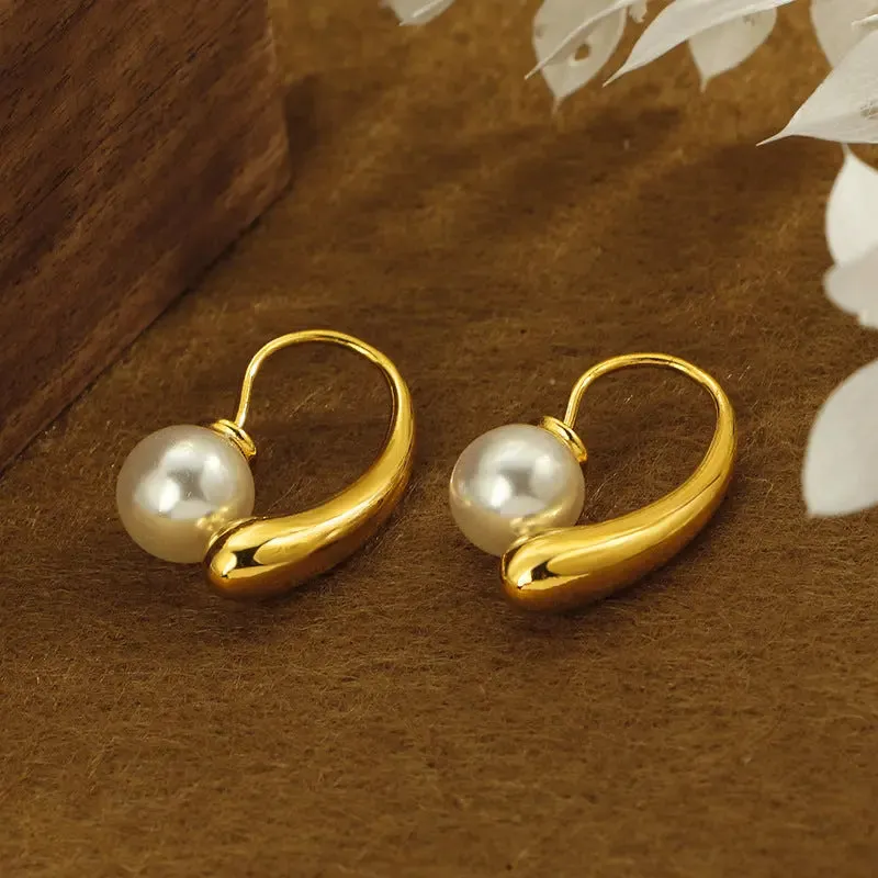 LOVCIA Elegant Pearl Teardrop Titanium Steel Ear Studs for Women