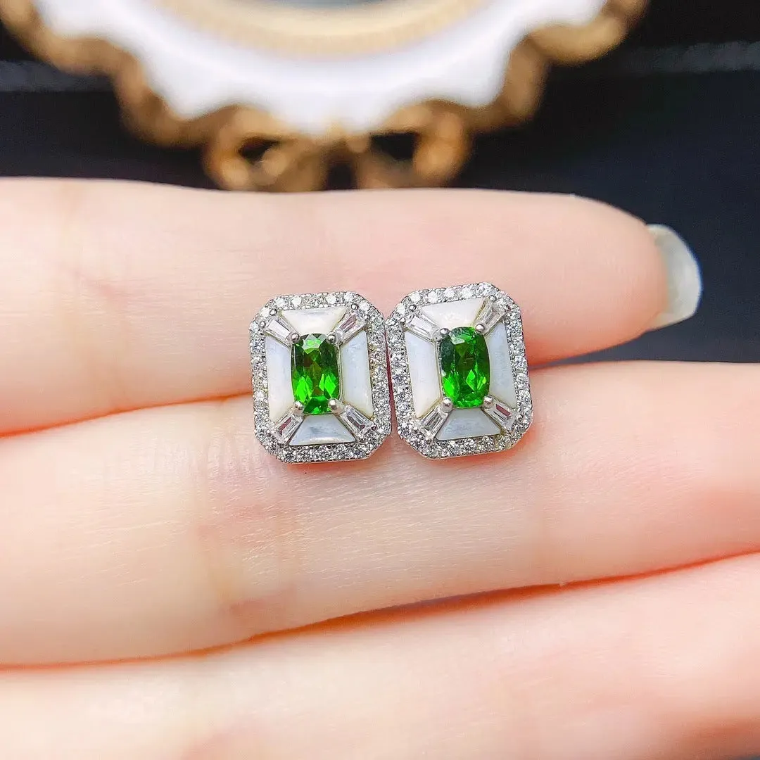 LOVCIA Handmade S925 Silver Diopside Stud Earrings – Women's Fashionable Gemstones