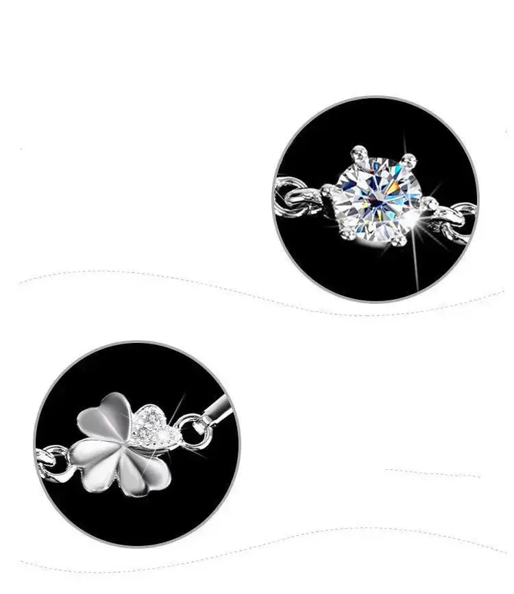LOVCIA Sterling Silver Four-leaf Clover Bracelet for Women with Shining Zircon and Moissanite Crystal Options