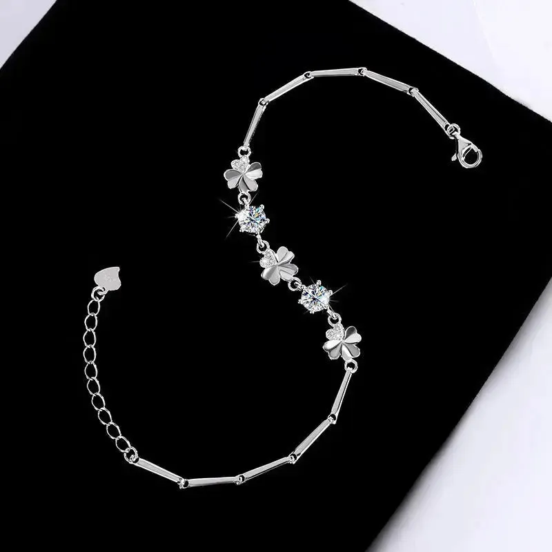 LOVCIA Sterling Silver Four-leaf Clover Bracelet for Women with Shining Zircon and Moissanite Crystal Options