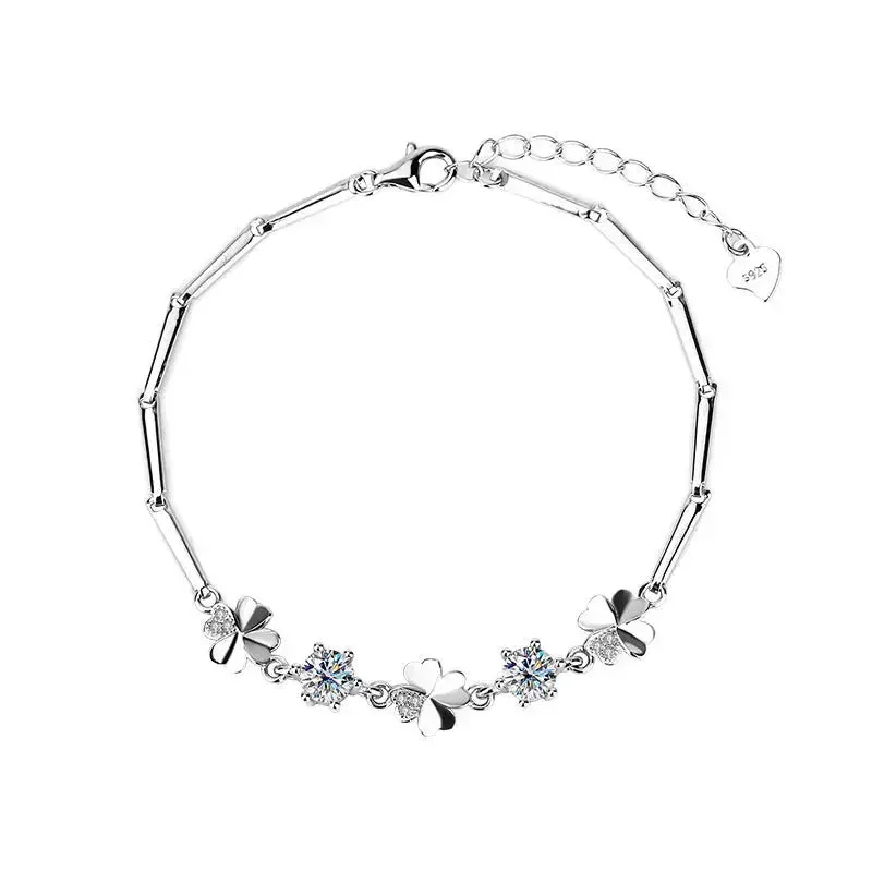 LOVCIA Sterling Silver Four-leaf Clover Bracelet for Women with Shining Zircon and Moissanite Crystal Options