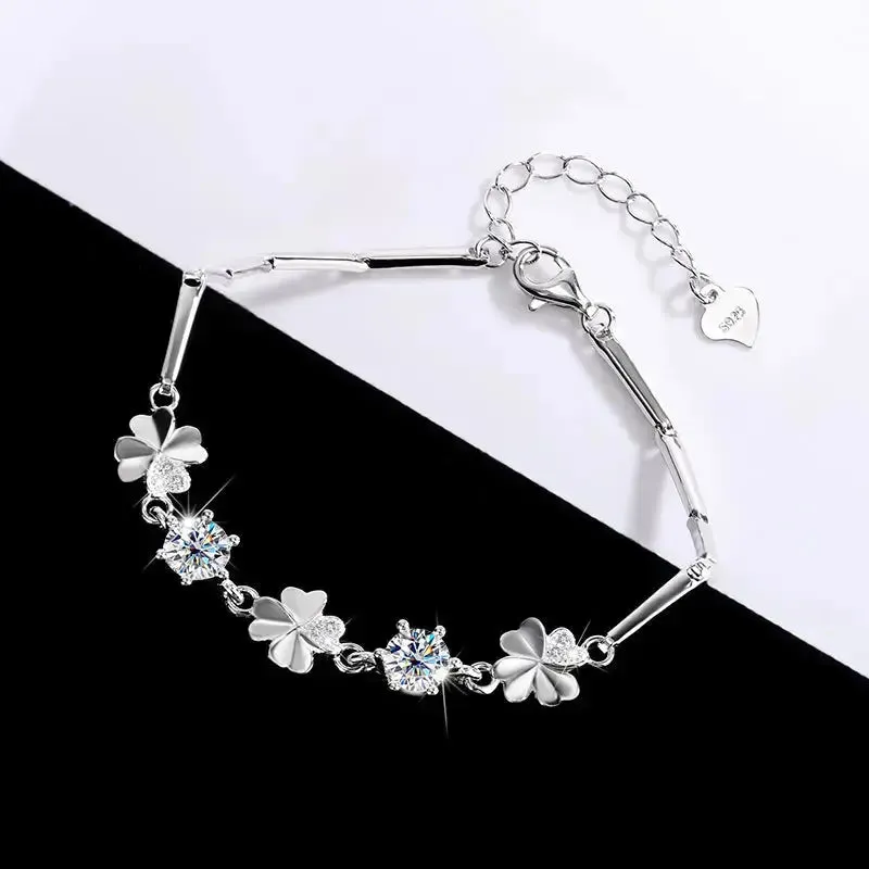 LOVCIA Sterling Silver Four-leaf Clover Bracelet for Women with Shining Zircon and Moissanite Crystal Options
