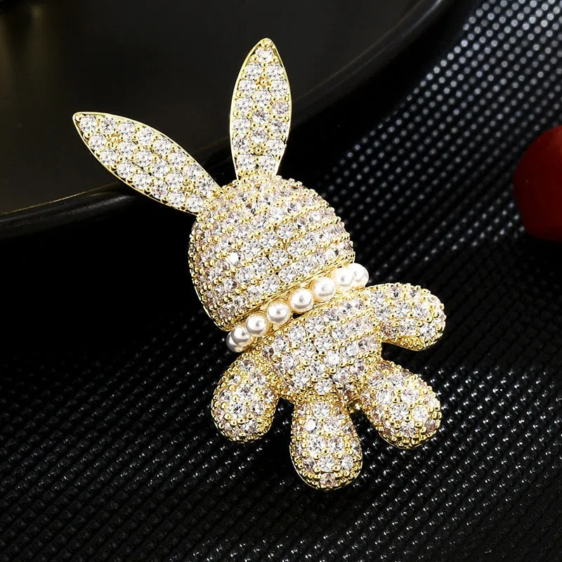 Luxury Copper Micro Inlaid Cubic Zirconia Rabbit Women Brooch Set