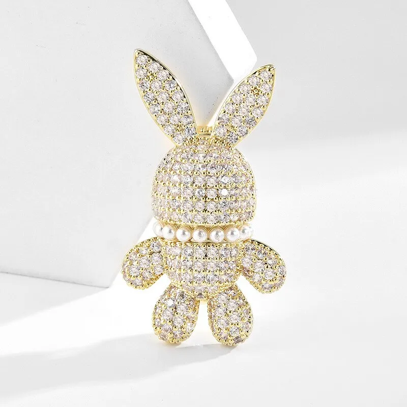 Luxury Copper Micro Inlaid Cubic Zirconia Rabbit Women Brooch Set